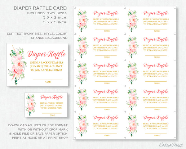 Diaper Raffle Card, and Sign Templates - Etheral Rose Floral Design, BABY01 - CalissaPrints
