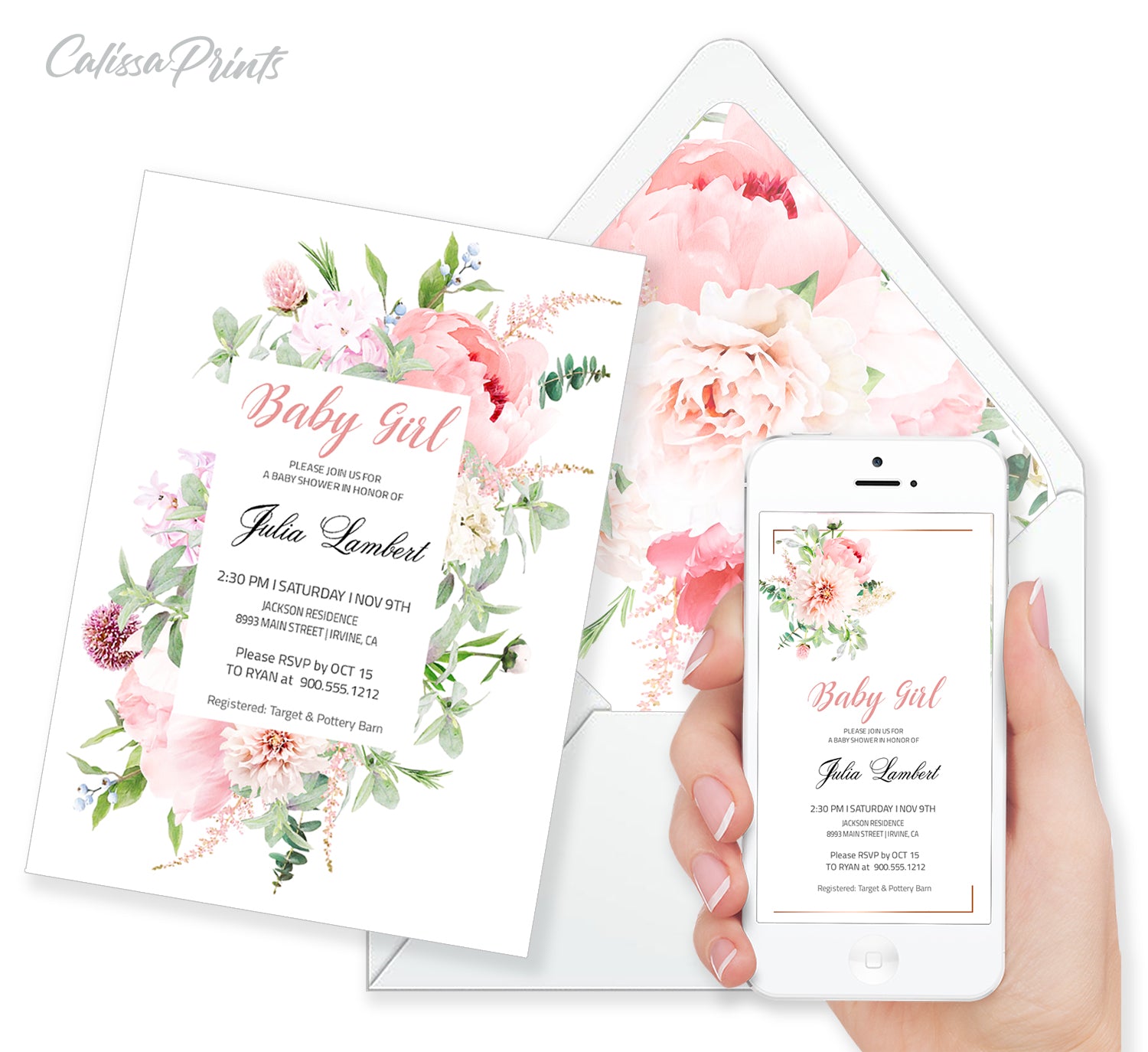 Baby Shower Party Invitation Editable Template Combo - Etheral Rose Design, BABY01 - CalissaPrints