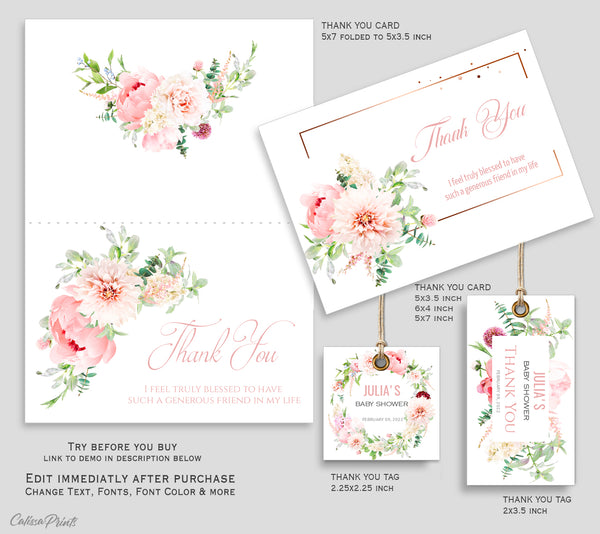 Thank You Cards & Tags Template Baby Shower Pack - Etheral Rose Design, BABY01 - CalissaPrints