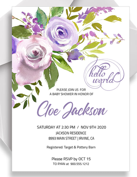 Baby Shower Party Invitation Editable Template Combo - Purple Lilac Floral Design, BABY02 - CalissaPrints