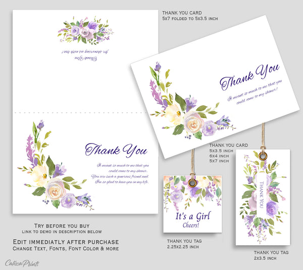 Thank You Cards & Tags Template Baby Shower Pack - Purple Rose Design, BABY02 - CalissaPrints