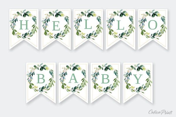Baby Shower Banner, Bunting Templates, Green Leaves Design - Baby03