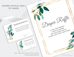 Diaper Raffle Card, and Sign Templates - Green Leaves Gold Design, BABY03 - CalissaPrints