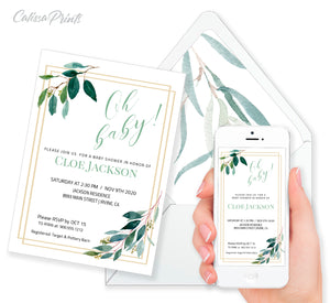 Baby Shower Party Invitation Templates, Green Leaves Design - BABY03