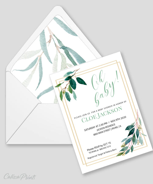 Baby Shower Party Invitation Templates, Green Leaves Design - BABY03