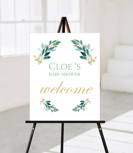Baby Shower Welcome Signs Templates, Green Leaves Design - BABY03