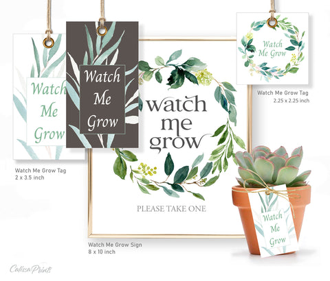Baby Shower Watch Me Grow Tag and Sign Templates, Green Leaves Design - Baby03