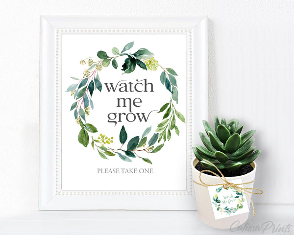 Baby Shower Watch Me Grow Tag and Sign Templates, Green Leaves Design - Baby03