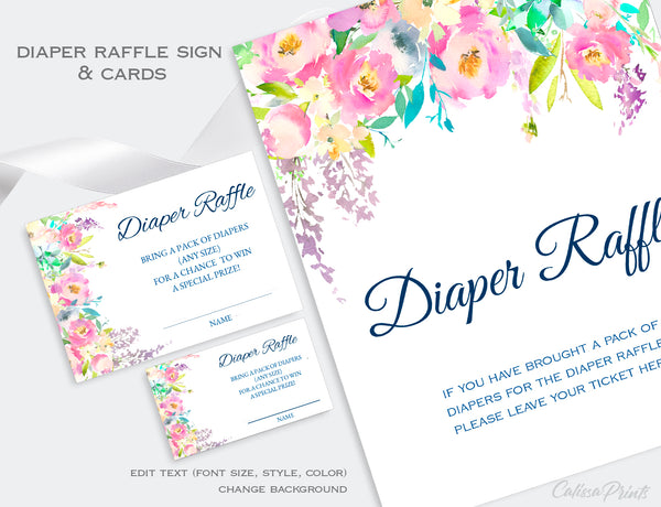 Diaper Raffle Card, and Sign Templates - Boho Pastel Floral Design, BABY04