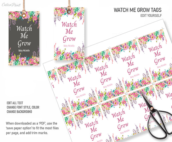 Baby Shower Watch Me Grow Tag and Sign Templates, Boho Floral Design - Baby04