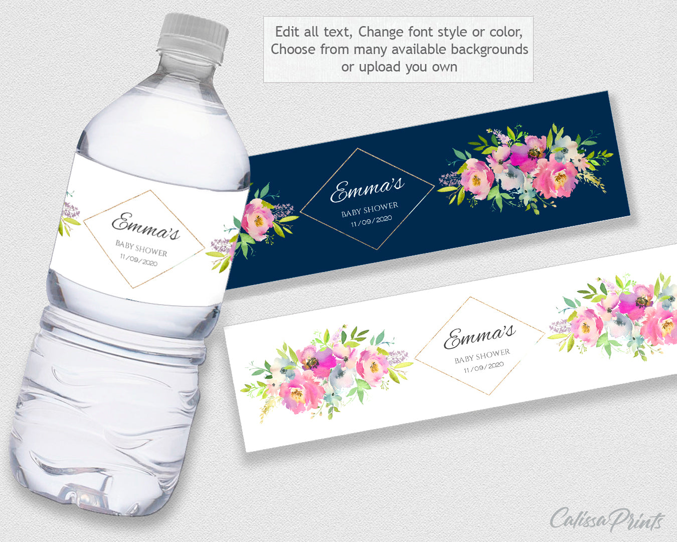 Baby Shower Water Bottle Label Template, Boho Pastel Floral Design - Baby04