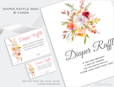 Diaper Raffle Card, and Sign Templates - Autumn Floral Design, BABY05 - CalissaPrints