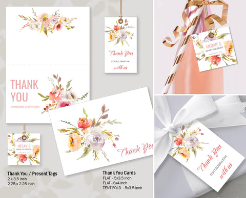 Thank You Cards & Tags Template Baby Shower Pack - Autumn Flowers Design, BABY05 - CalissaPrints