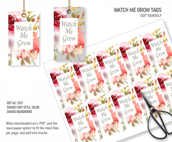 Baby Shower Watch Me Grow Tags, Favor Tags and Signs Templates - Autumn Flower Design, Baby05 - CalissaPrints
