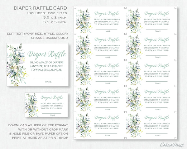 Diaper Raffle Card, and Sign Templates - Greenery Floral Design, BABY06 - CalissaPrints