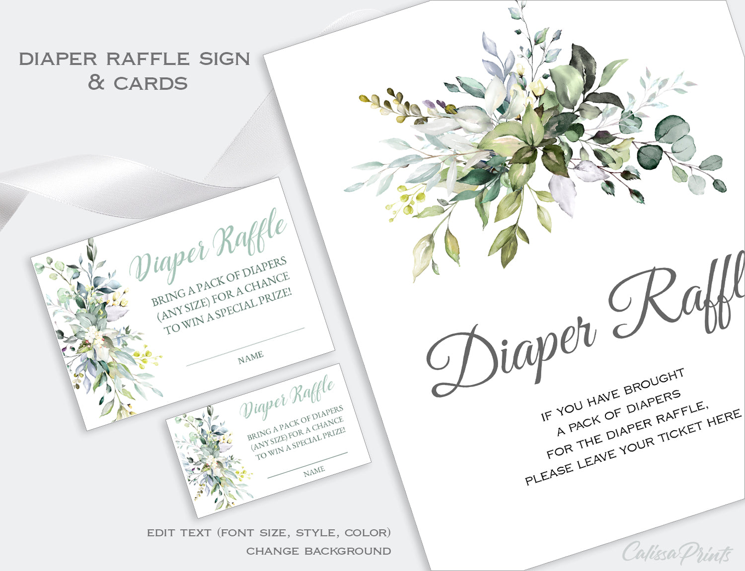 Diaper Raffle Card, and Sign Templates - Greenery Floral Design, BABY06 - CalissaPrints