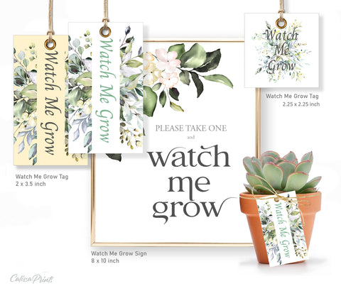 Baby Shower Watch Me Grow Tag and Sign Templates, Greenery Bouquet Design - Baby06