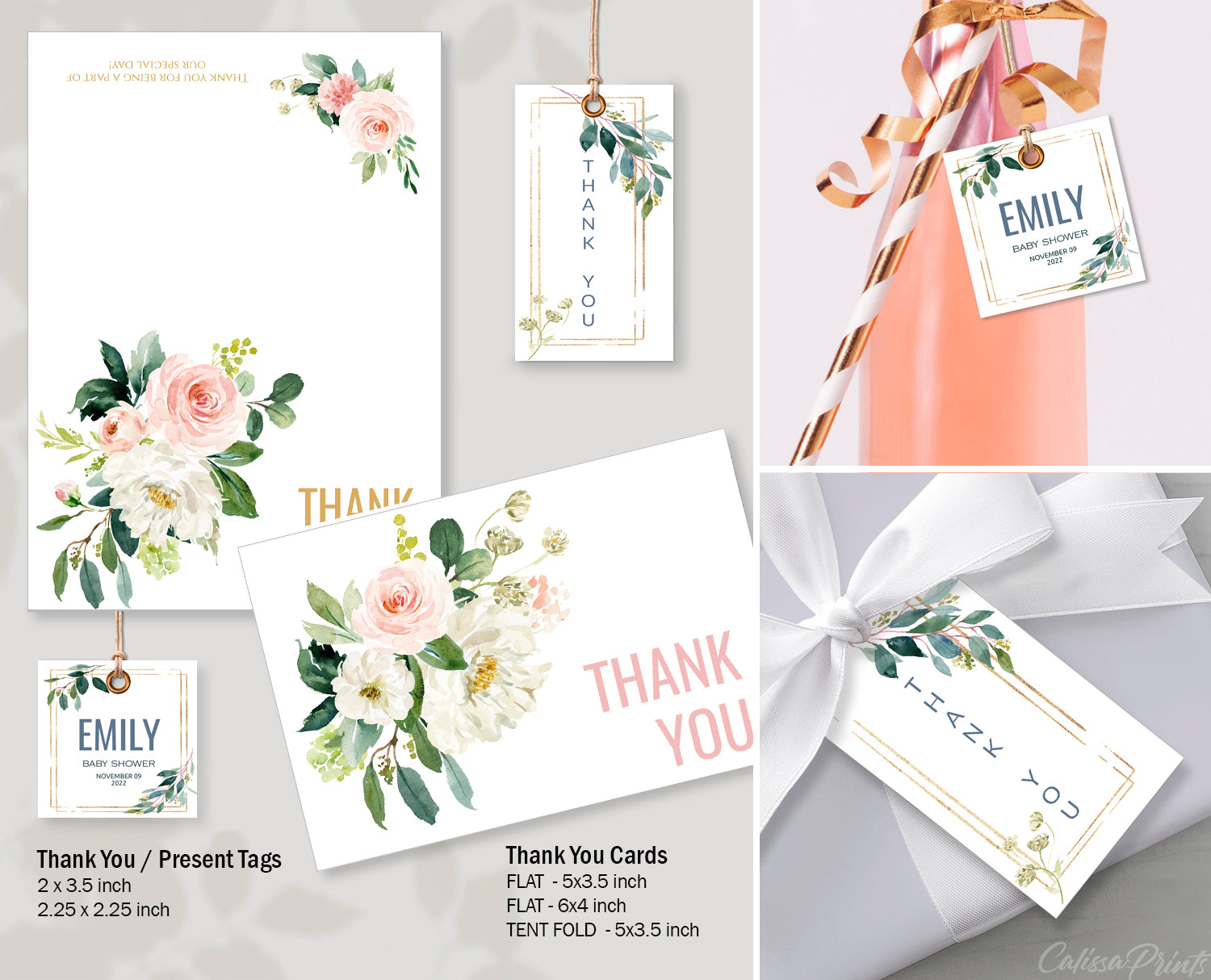 Baby Shower Thank You Card and Tag Templates, Blush Pink Floral Design - BABY09