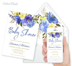 Baby Shower Party Invitation Editable Template Combo - Blue Meadow Floral Design, BABY10 - CalissaPrints