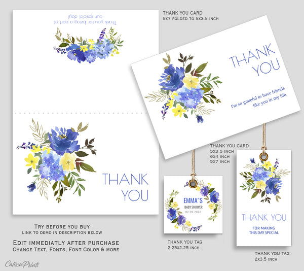 Thank You Cards & Tags Template Baby Shower Pack - Blue Meadow Floral Design, BABY10 - CalissaPrints