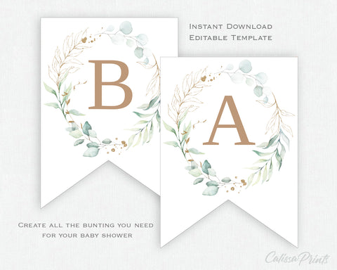 Baby Shower Banner, Bunting Templates, Eucalyptus Gold Design - Baby11