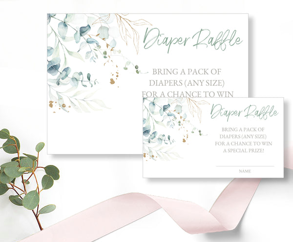 Diaper Raffle Card, and Sign Templates - Eucalyptus Gold Design, BABY11