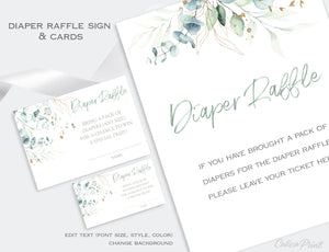 Diaper Raffle Card, and Sign Templates - Eucalyptus Gold Design, BABY11