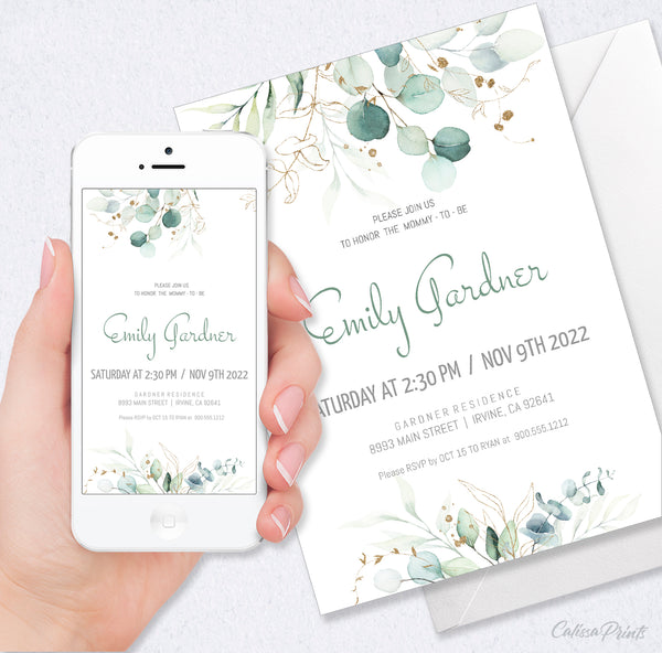 Baby Shower Party Invitation Templates, Eucalyptus Gold Design - BABY11
