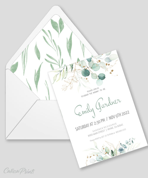 Baby Shower Party Invitation Templates, Eucalyptus Gold Design - BABY11