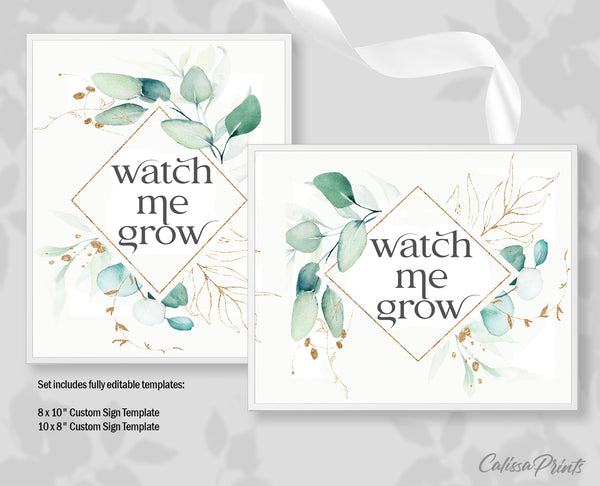 Baby Shower Watch Me Grow Tag and Sign Templates, Eucalyptus Gold Design - Baby11