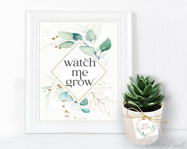 Baby Shower Watch Me Grow Tag and Sign Templates, Eucalyptus Gold Design - Baby11