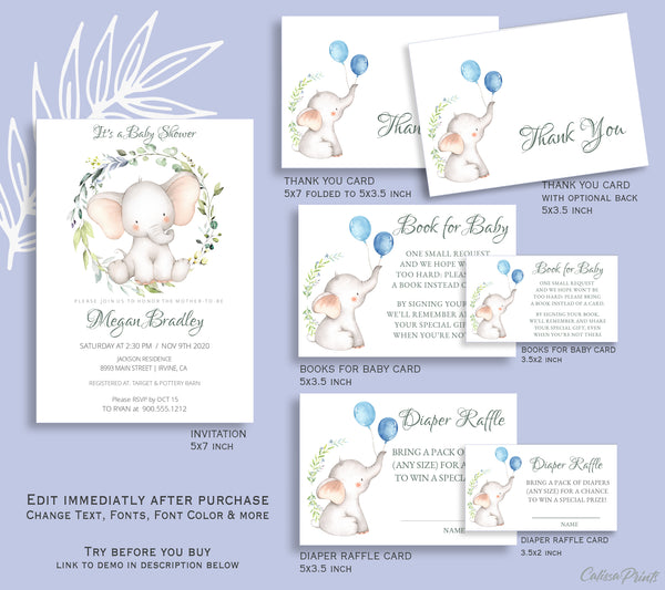 Baby Shower Party Invitation Editable Templates Set, Little Elephant Design, BABY12 - CalissaPrints