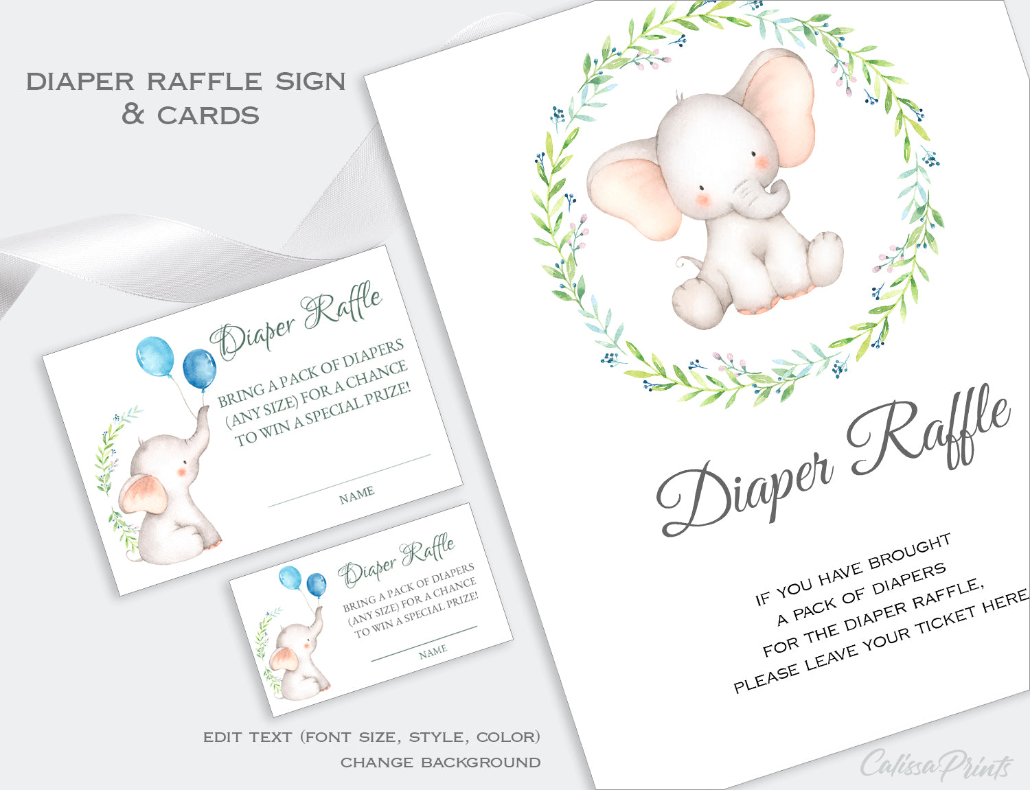 Diaper Raffle Card, and Sign Templates - Baby Elephant Design, BABY12 - CalissaPrints