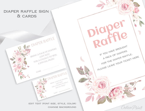 Diaper Raffle Card and Sign Templates - Pretty Rose Design, BABY13
