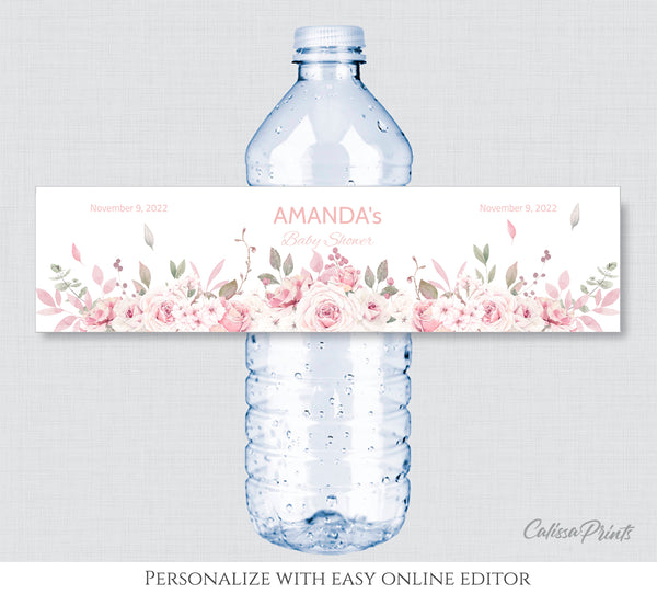 Baby Shower Water Bottle Label Template, Pretty Rose Design - Baby13