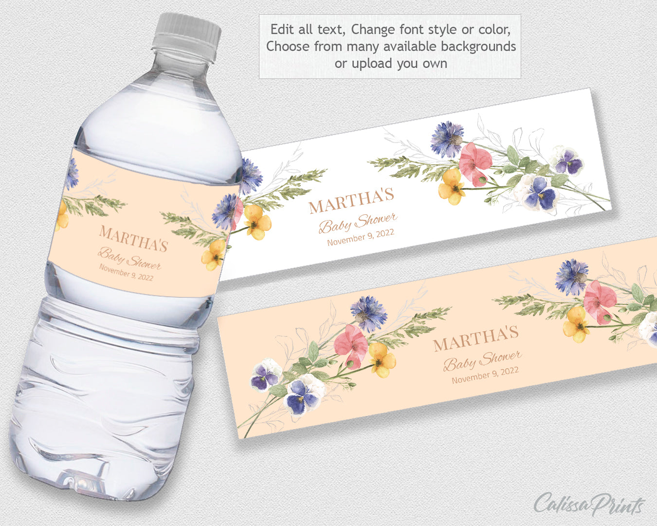 Baby Shower Water Bottle Label Template, Herbarium Design - Baby14