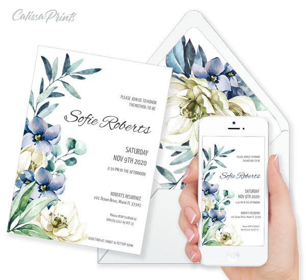 Baby Shower Party Invitation Editable Template Combo - Blue Creme Flower Design, BABY18 - CalissaPrints