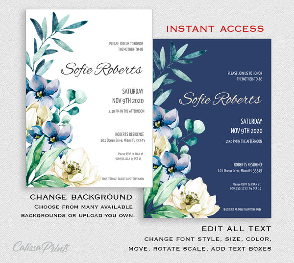 Baby Shower Party Invitation Editable Template Combo - Blue Creme Flower Design, BABY18 - CalissaPrints