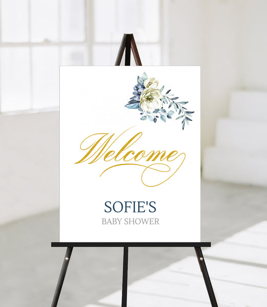 Baby Shower Welcome Signs Templates, Blue Crème Flower Design - BABY18