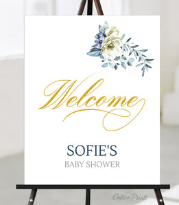 Baby Shower Welcome Signs Templates, Blue Crème Flower Design - BABY18