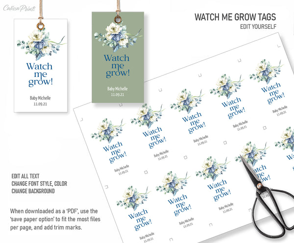 Baby Shower Watch Me Grow Tags, Favor Tags and Signs Templates - Garden Flower Design - Baby18 - CalissaPrints