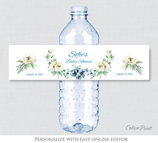 Baby Shower Party Favor Water Bottle Label Template, Blue Creme Flower Design, Baby18 - CalissaPrints