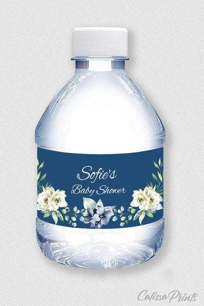 Baby Shower Party Favor Water Bottle Label Template, Blue Creme Flower Design, Baby18 - CalissaPrints