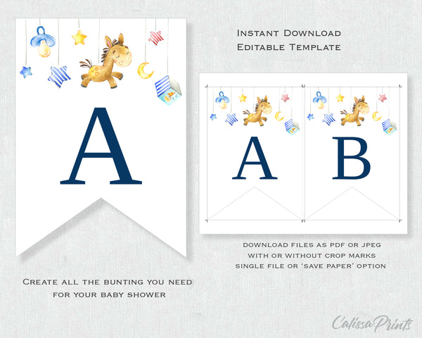 Baby Shower Banner, Bunting Templates - Blue Elephant Baby Design, Baby020 - CalissaPrints