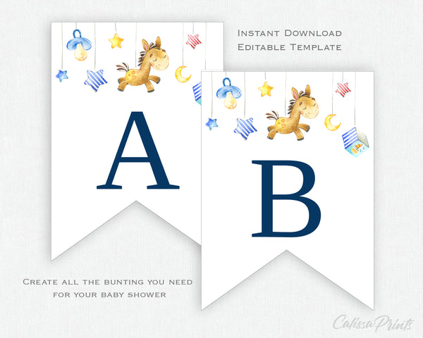 Baby Shower Banner, Bunting Templates - Blue Elephant Baby Design, Baby020 - CalissaPrints