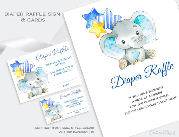 Diaper Raffle Card, and Sign Templates - Blue Elephant Baby Design, BABY20
