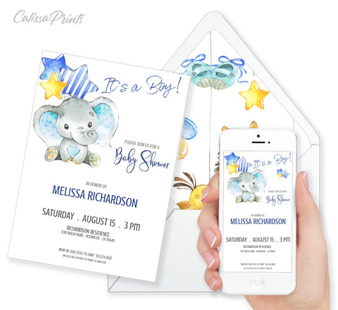 Baby Shower Party Invitation Editable Template Combo - Blue Baby Elephant Design, BABY20 - CalissaPrints