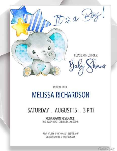 Baby Shower Party Invitation Editable Template Combo - Blue Baby Elephant Design, BABY20 - CalissaPrints