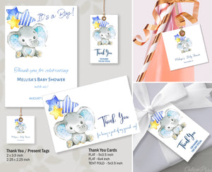 Thank You Cards & Tags Template Baby Shower Pack - Blue Baby Elephant Design, BABY20 - CalissaPrints