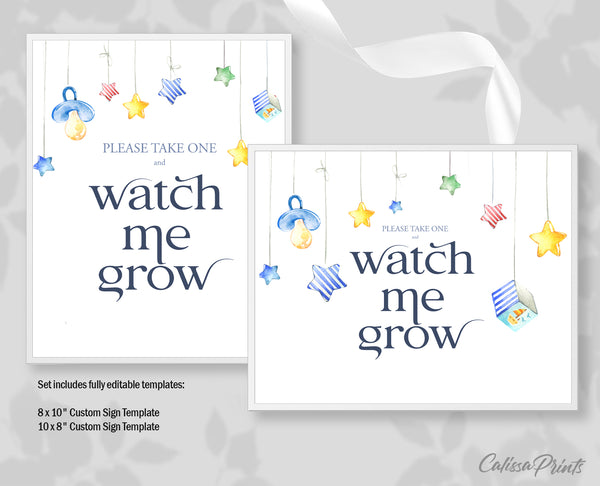 Baby Shower Watch Me Grow Tag and Sign Templates, Blue Baby Elephant Design - Baby20